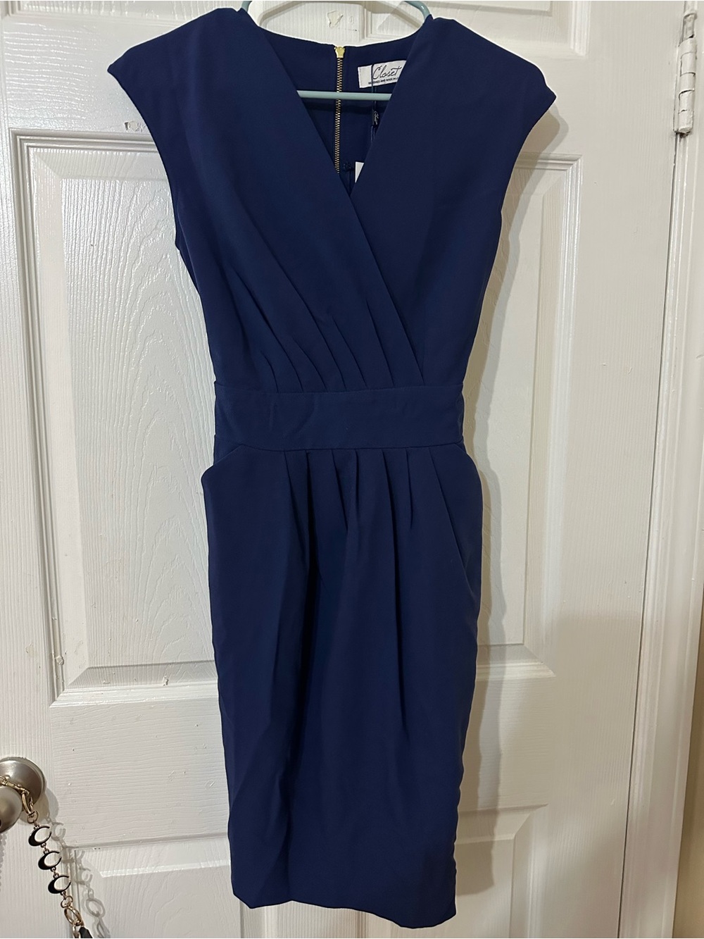 Closet Navy Cap-Sleeve Wrap Sheath Dress